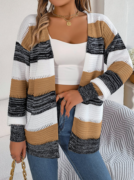 Women Casual Color Block Stripe Lantern Sleeve Cardigan Sweater Coat